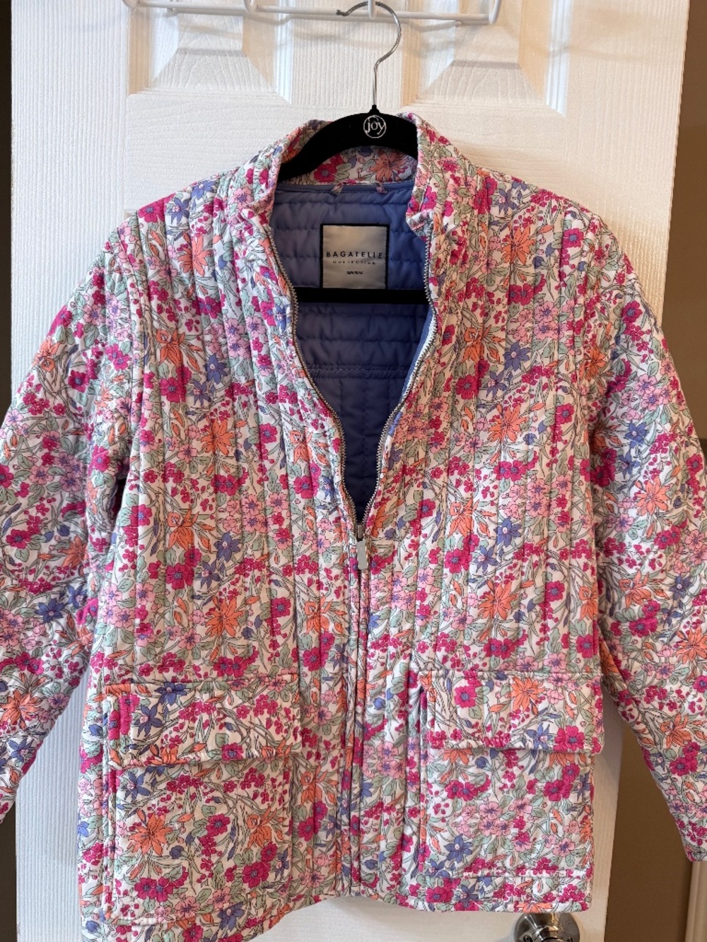Bagatelle Collection Floral Quilted Zip Jacket Pink Coral Periwinkle Size L
